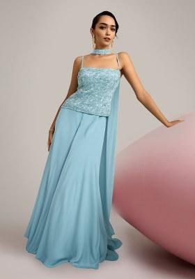 Blue Embroidered Net Fusion Set