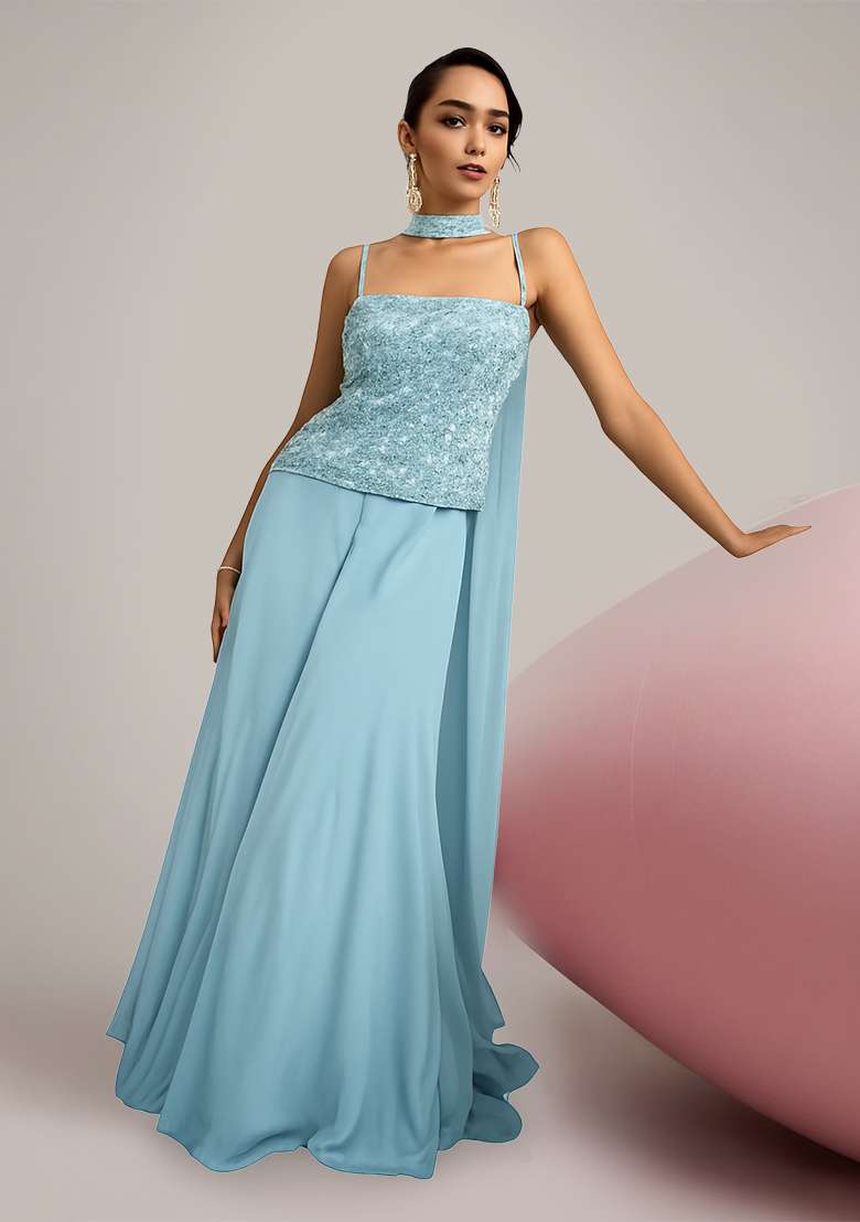 Blue Embroidered Net Fusion Set - Indya