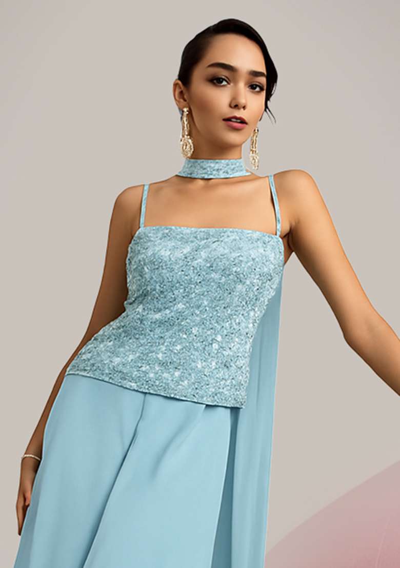 Blue Embroidered Net Fusion Set - Indya