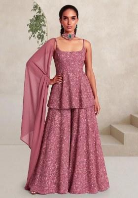 Pink Embroidered Net Fusion Set