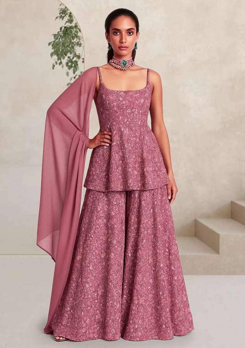 Pink Embroidered Net Fusion Set - Indya