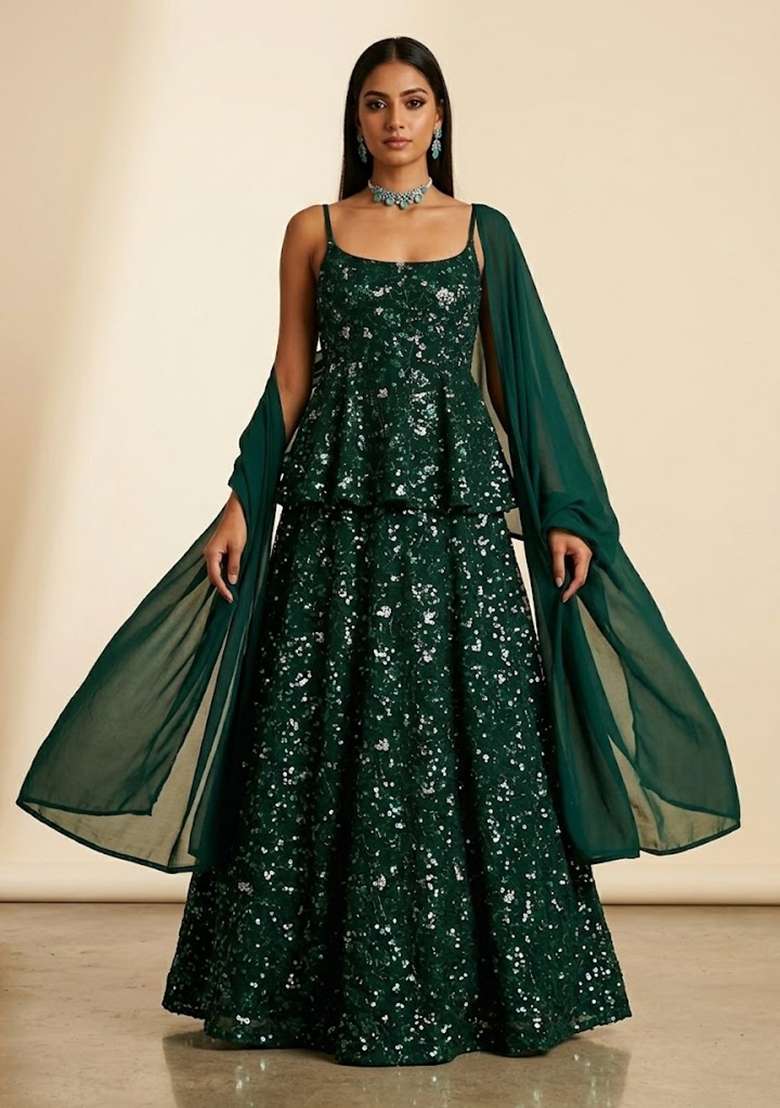 Green Embroidered Net Fusion Set - Indya