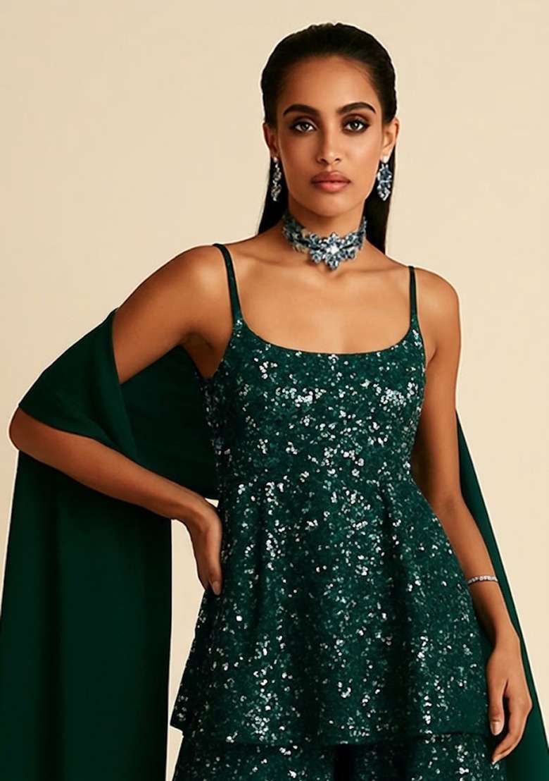 Green Embroidered Net Fusion Set - Indya