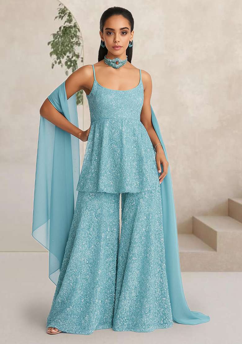 Sky Blue Embroidered Net Fusion Set - Indya