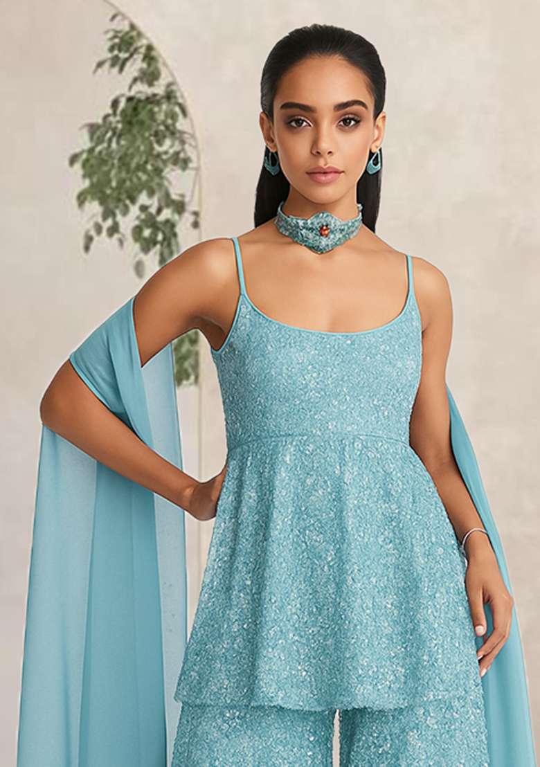 Sky Blue Embroidered Net Fusion Set - Indya