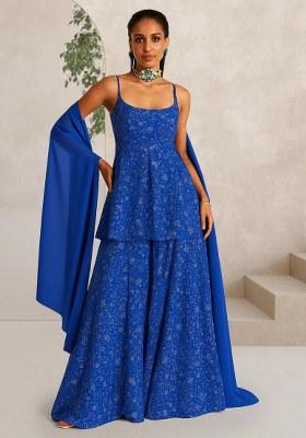 Dark Blue Embroidered Net Fusion Set