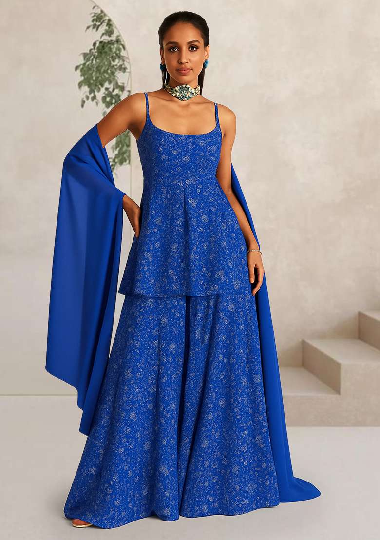 Dark Blue Embroidered Net Fusion Set - Indya
