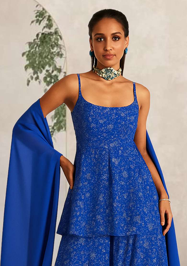 Dark Blue Embroidered Net Fusion Set - Indya