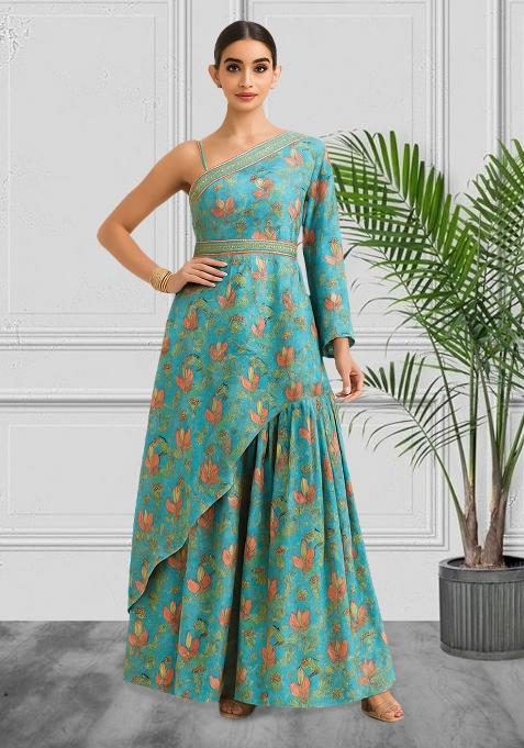 Blue Floral Print Chinon Fusion Set