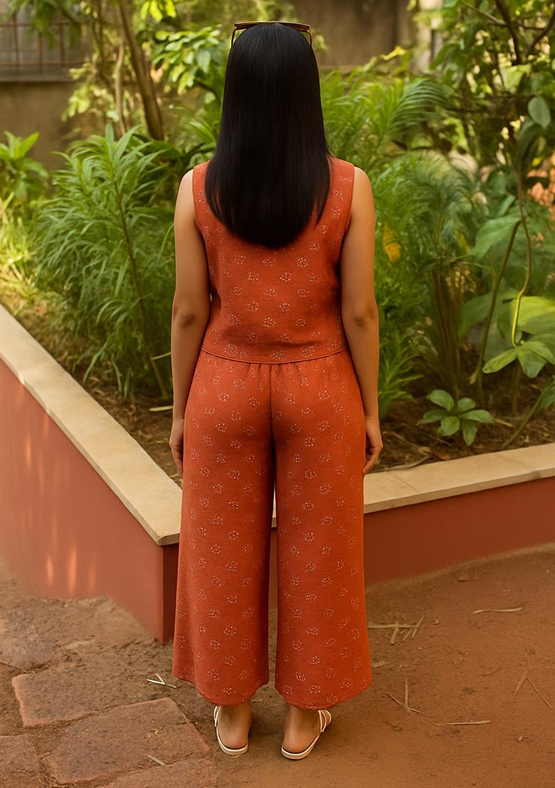 Rust Embellished Linen Fusion Set - Indya