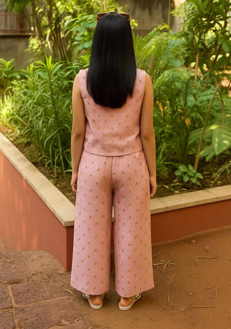 Pink Embellished Linen Fusion Set - Indya