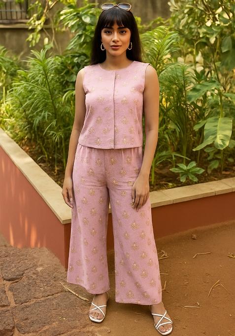 Pink Embellished Linen Fusion Set