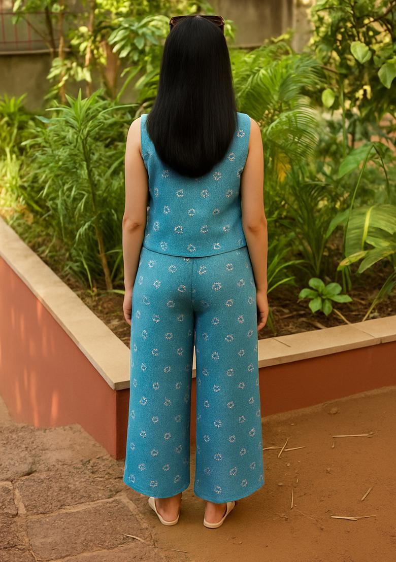 Blue Embellished Linen Fusion Set - Indya