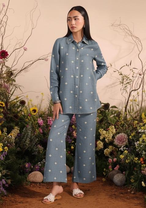 Blue Embellished Linen Kurta Set