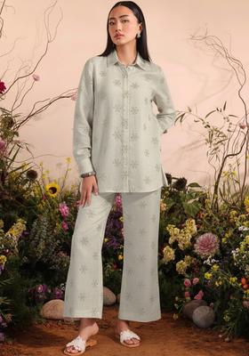 Off White Embellished Linen Kurta Set