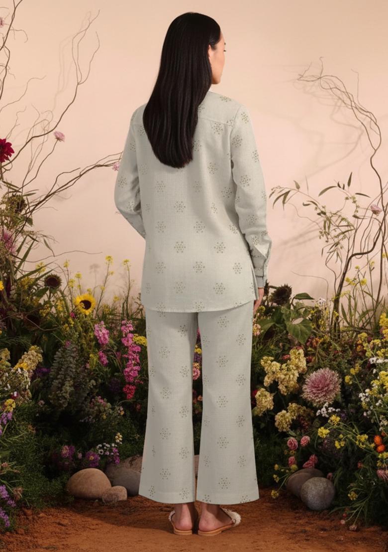 Off White Embellished Linen Kurta Set - Indya