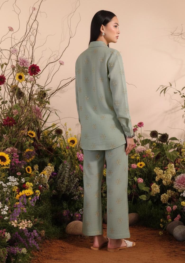 Grey Embellished Linen Kurta Set - Indya