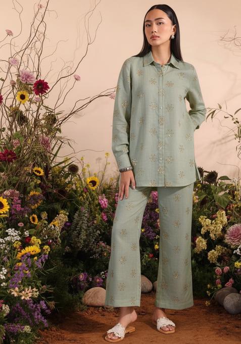 Grey Embellished Linen Kurta Set