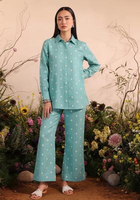 Blue Embellished Linen Kurta Set