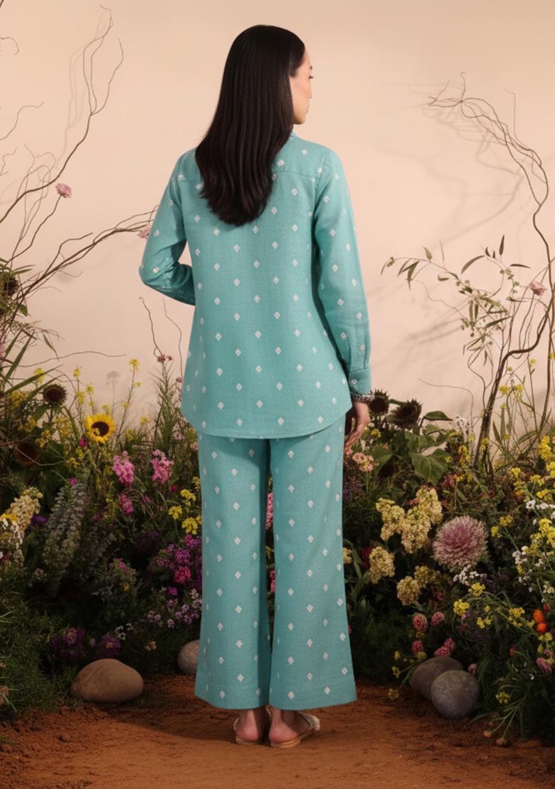 Blue Embellished Linen Kurta Set - Indya