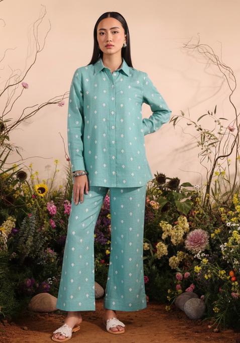 Blue Embellished Linen Kurta Set