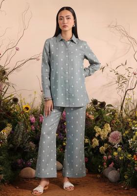 Powder Blue Embellished Linen Kurta Set