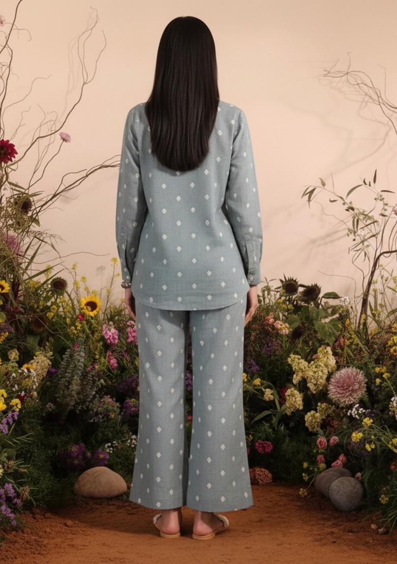 Powder Blue Embellished Linen Kurta Set - Indya