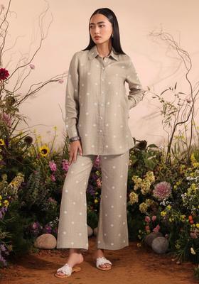 Brown Embellished Linen Kurta Set