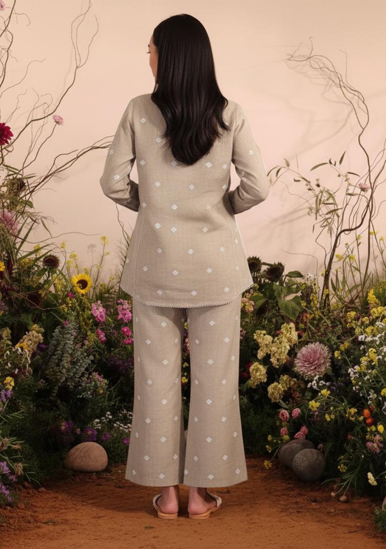 Brown Embellished Linen Kurta Set - Indya