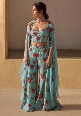 Blue Embroidered Organza Fusion Set