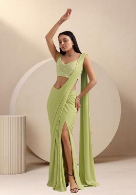 Pale Yellow Embellished Net Pre Draped Saree Set