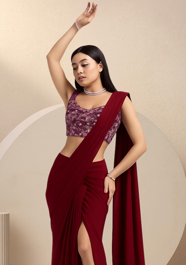 Maroon Embroidered Net Pre Draped Saree Set - Indya