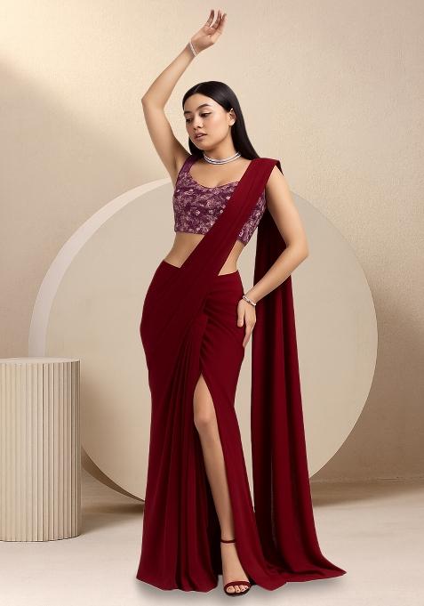 Maroon Embroidered Net Fusion Set
