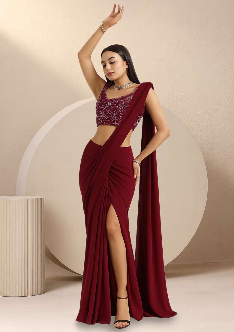 Maroon Embellished Net Pre Draped Saree Set - Indya