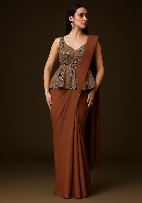 Brown Printed Poly Blend Pre Draped Saree Set