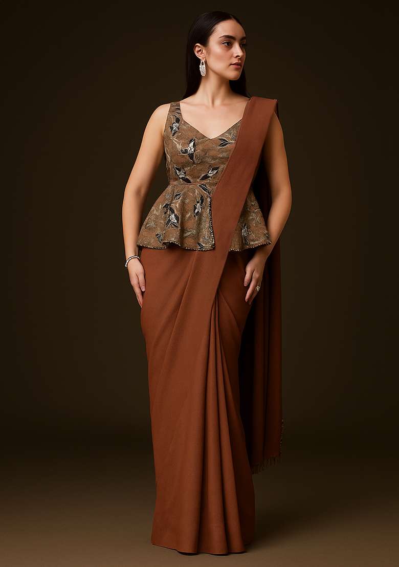 Brown Printed Poly Blend Pre Draped Saree Set for Diwali and Festive Wear - Indya