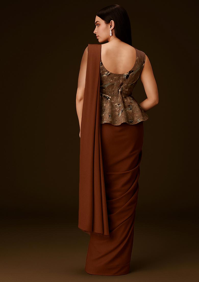 Brown Printed Poly Blend Pre Draped Saree Set - Indya