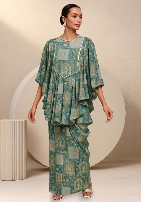 Green Figure Printed Silk Fusion Set
