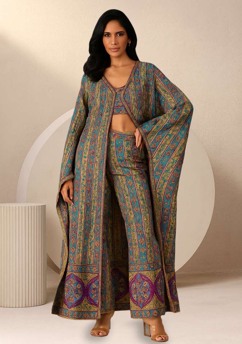Multicolor Printed Brocade Fusion Set - Indya