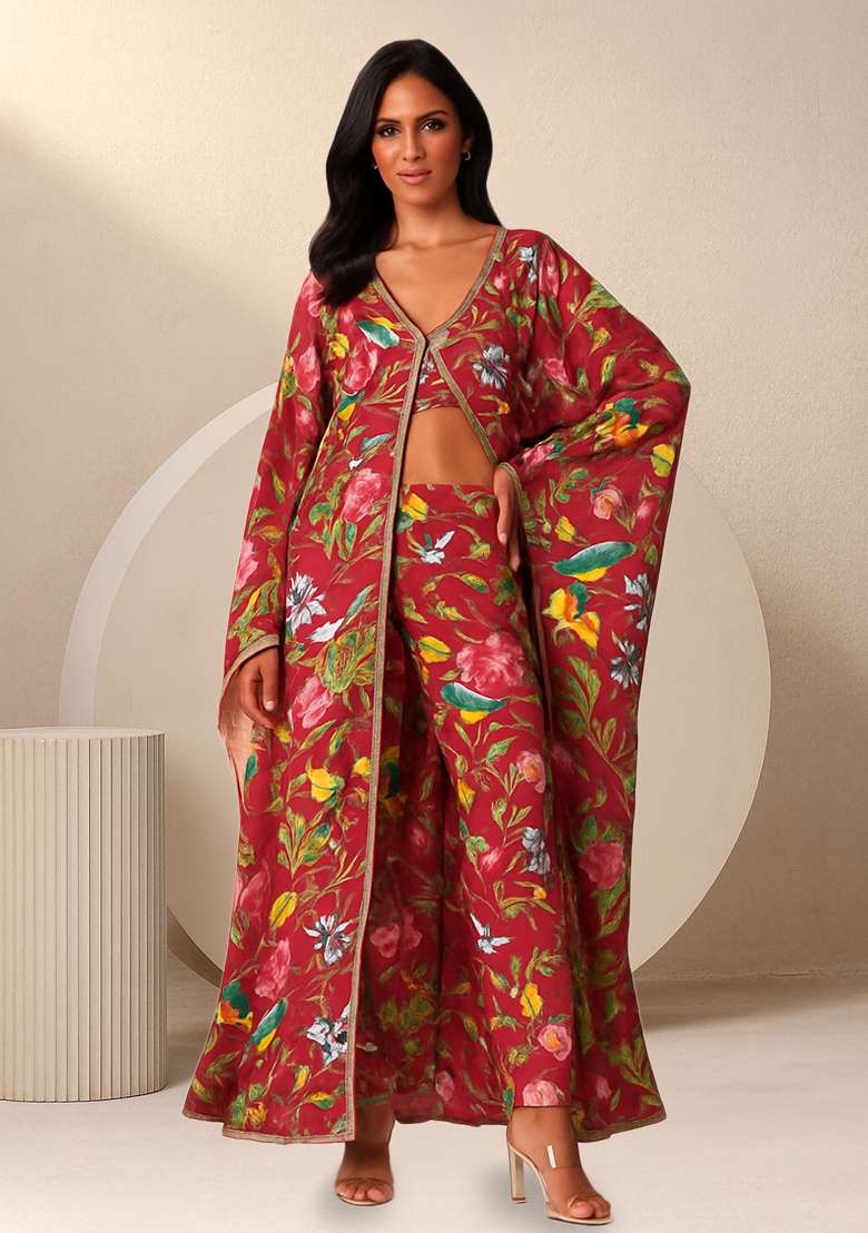 Red Floral Printed Poly Blend Fusion Set for Diwali and Festive Wear - Indya
