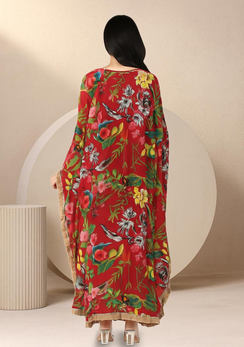 Red Floral Printed Poly Blend Fusion Set - Indya