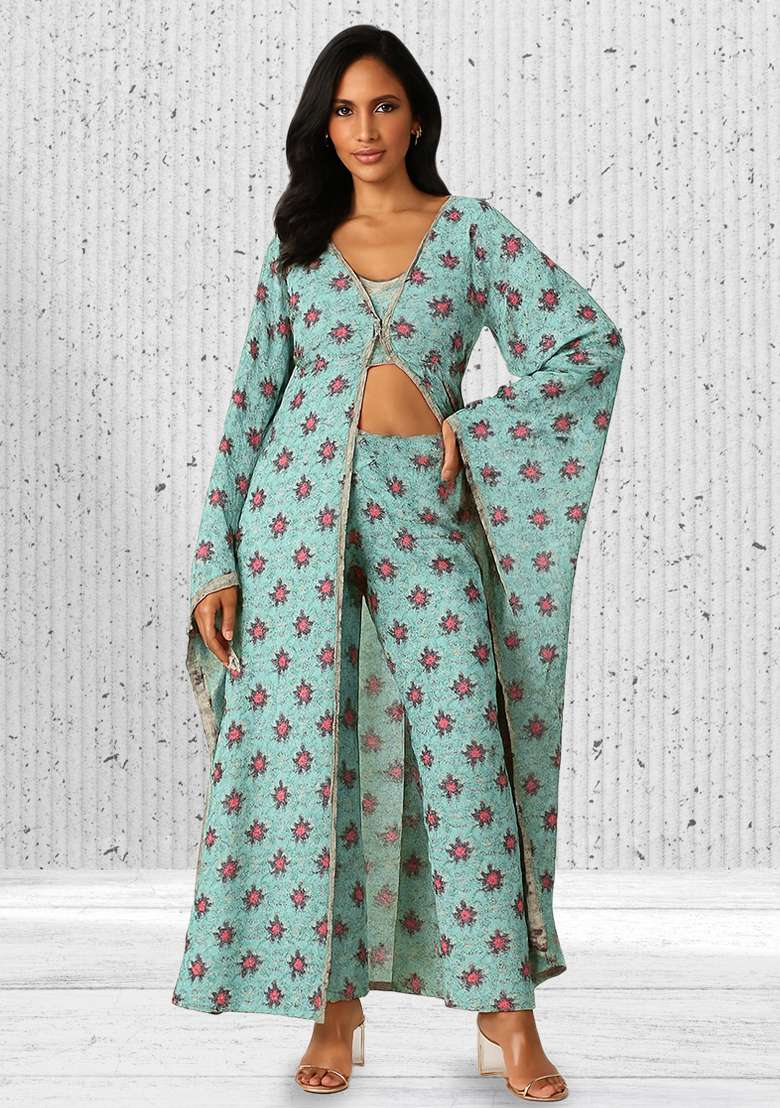 Sage Green Poly Blend Fusion Set with Floral Printed for Diwali | Wedding & Festive Wear - Indya