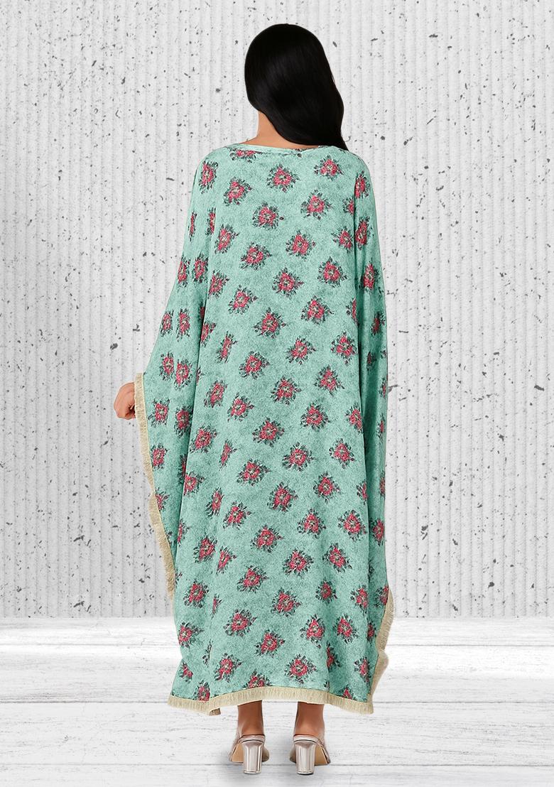 Sage Green Floral Printed Poly Blend Fusion Set - Indya