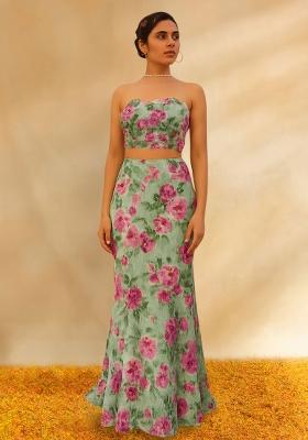 Light Green Floral Printed Poly Blend Fusion Set