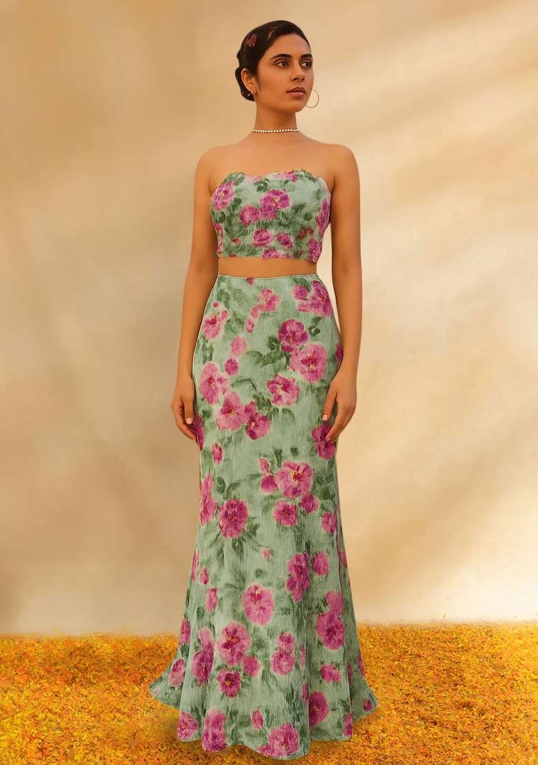 Light Green Floral Printed Poly Blend Fusion Set - Indya