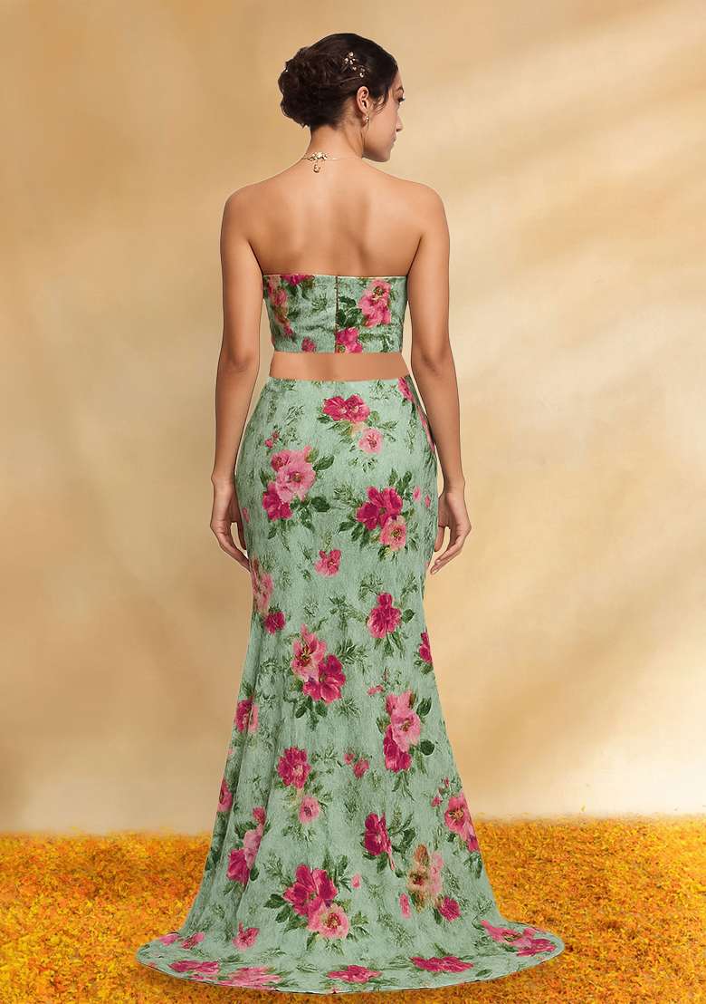 Light Green Floral Printed Poly Blend Fusion Set - Indya