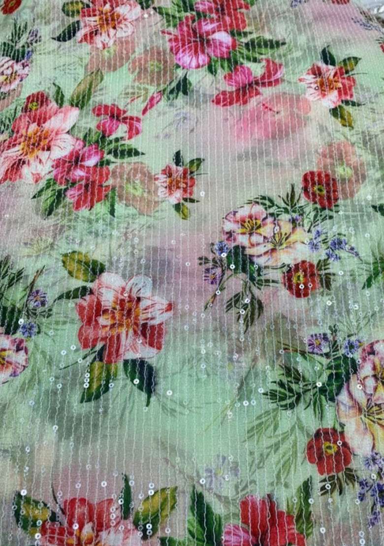Light Green Floral Printed Poly Blend Fusion Set - Indya