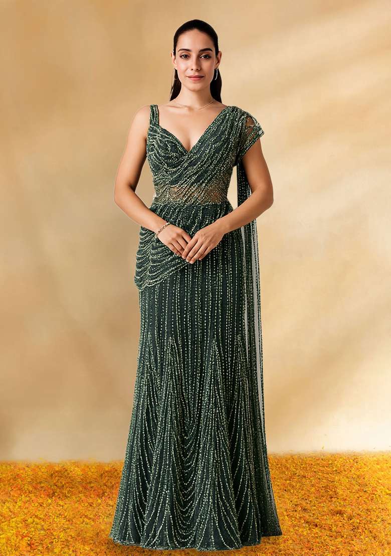 Black Embellished Net Pre Draped Saree Set - Indya
