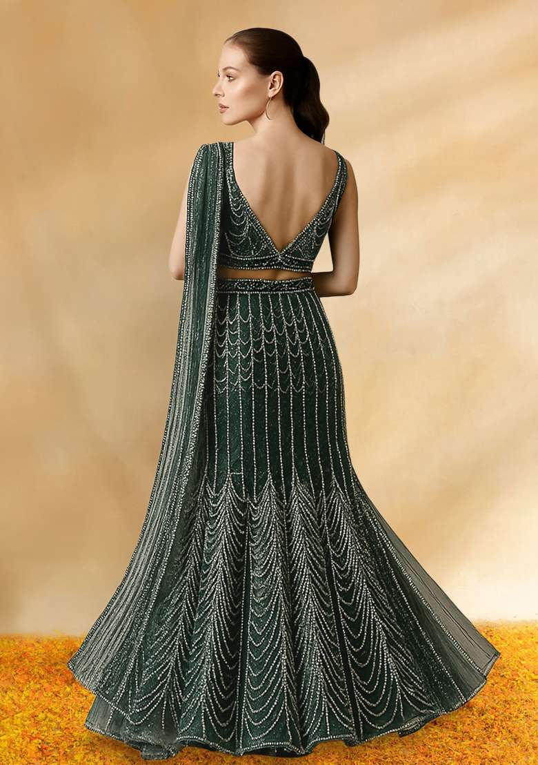 Black Embellished Net Pre Draped Saree Set - Indya