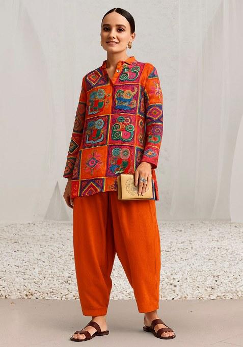 Orange Embroidered Poly Blend Kurta Set
